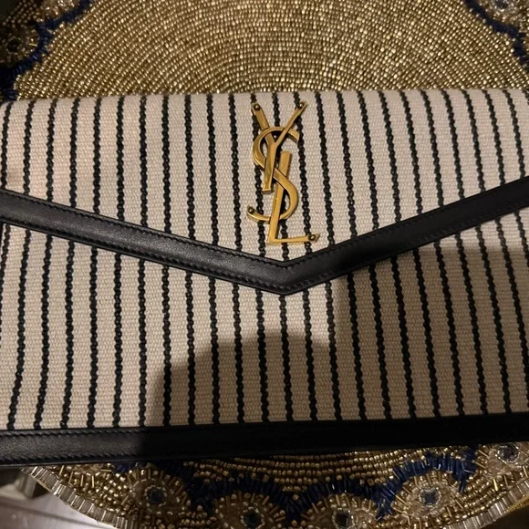Yves Saint Laurent Uptown Canvas Striped Clutch Cream Black YSL Gold Hardware - Picture 14 of 14